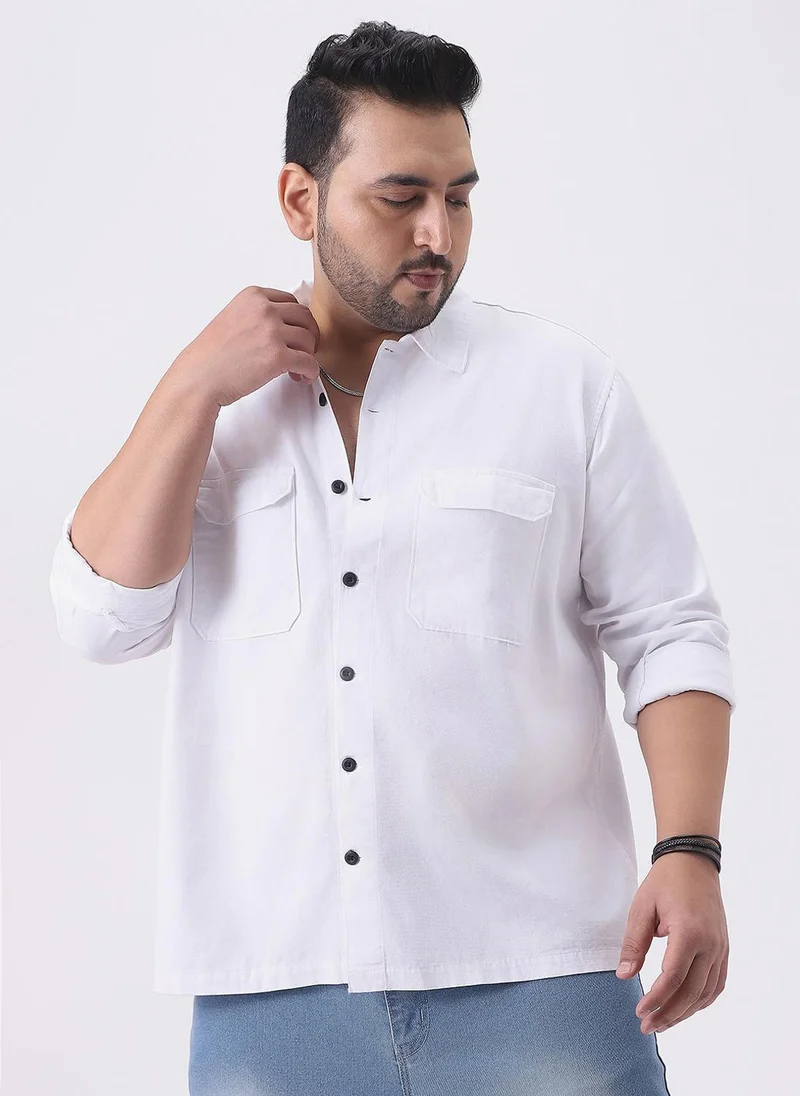 أوربانو فاشن Urbano Plus Men's White Cotton Full Sleeve Relaxed Fit Shacket with Utility Pockets